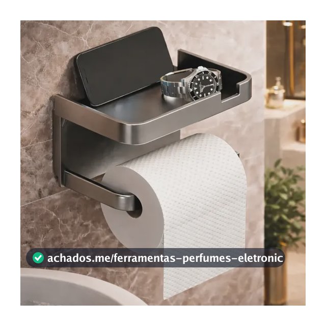 Suporte Papel Higiênico Adesivo De Parede Com Prateleira Porta Celular Sem Furo Ligeiro Cinza