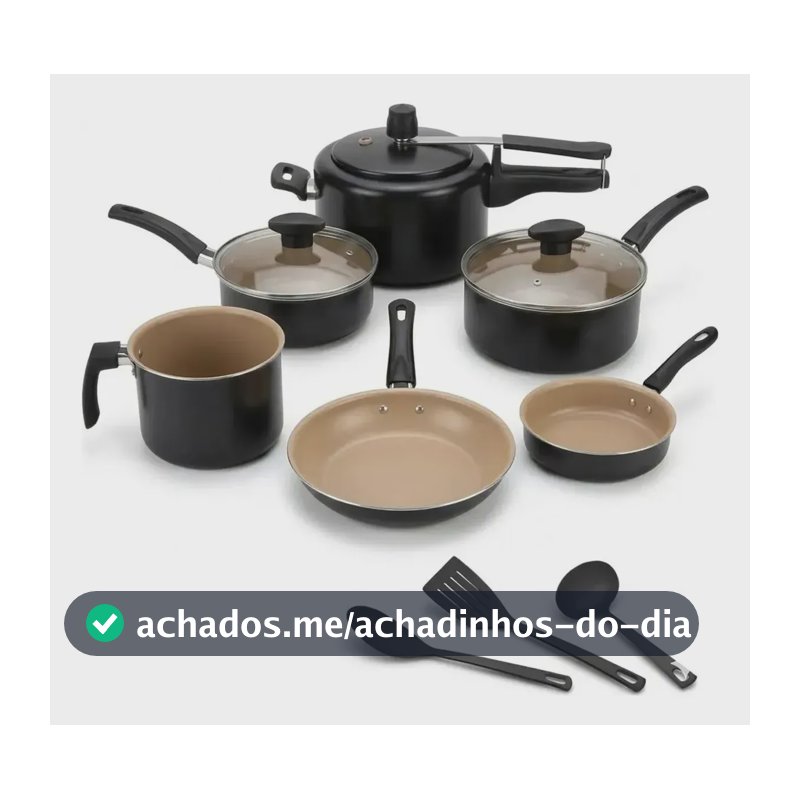 Conjunto 9 Panelas Antiaderente Com Panela De Pressão 2l Preto E Bege