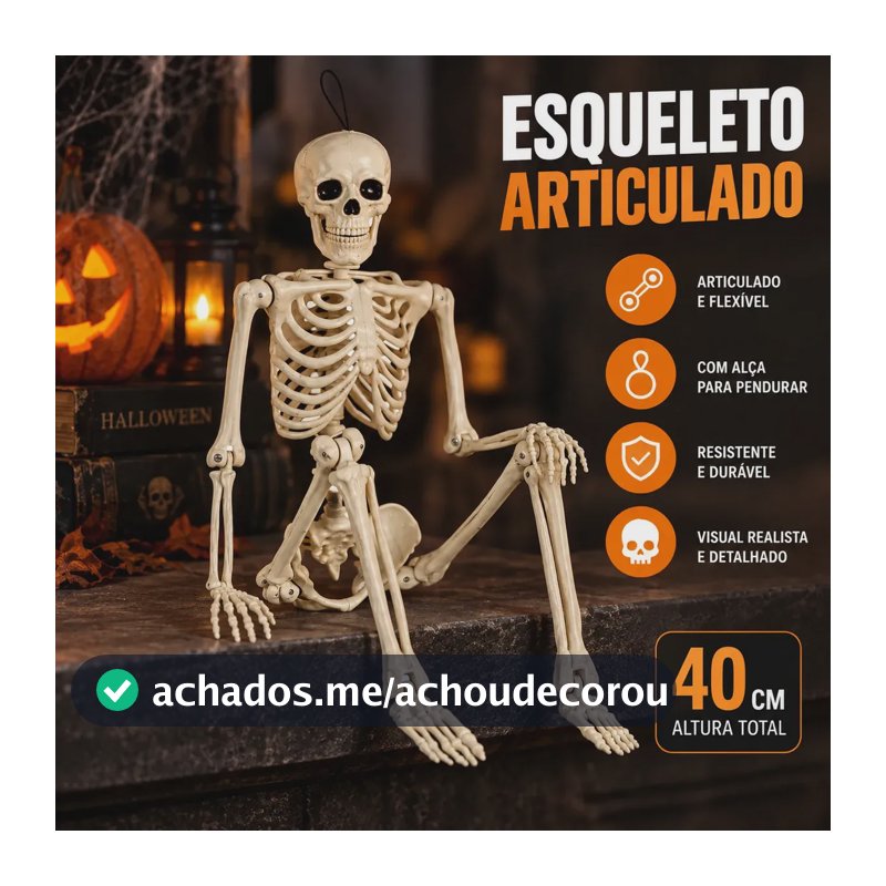 Esqueleto Caveira Decoração Halloween 40cm Enfeite Ossos Articulado Festa Dia das Bruxas
