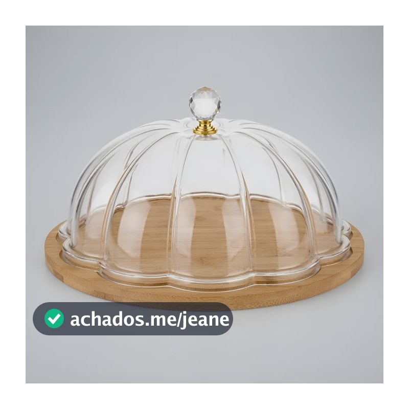 Boleira Luxo Base Bambu C/ Tampa Acrílico E Cristal 30 Cm Transparente