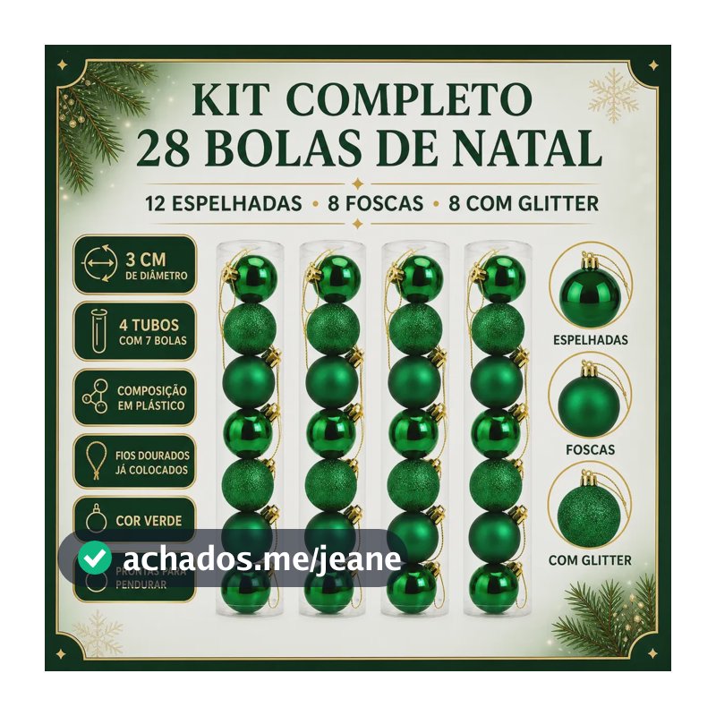 Kit C/28 Bolas De Natal Lisa/fosca/glitter 3cm Pequena Verde Liso