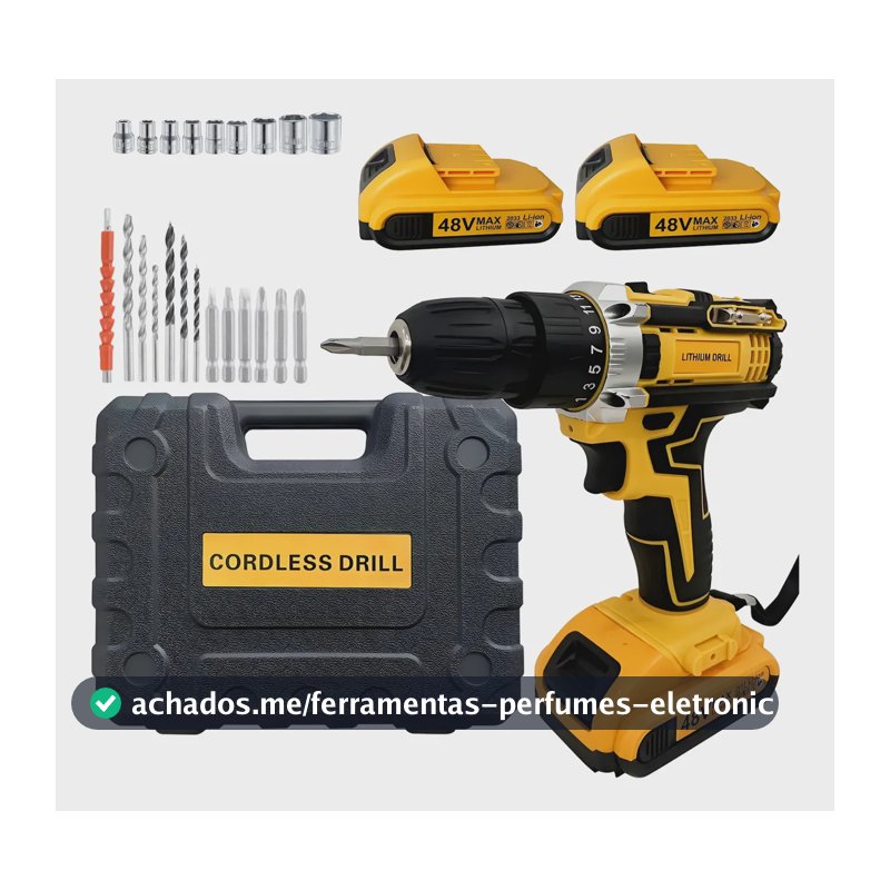 Kit Furadeira Sem Fio Portátil, Duas Baterias E Carregador Amarelo 48v 60hz