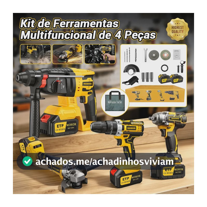 Kit Ferramentas Elétricas MOHOR 4 em 1 com 2 Baterias, Furadeira Parafusadeira, Martelete, Esmerilhadeira e Chave de Impacto