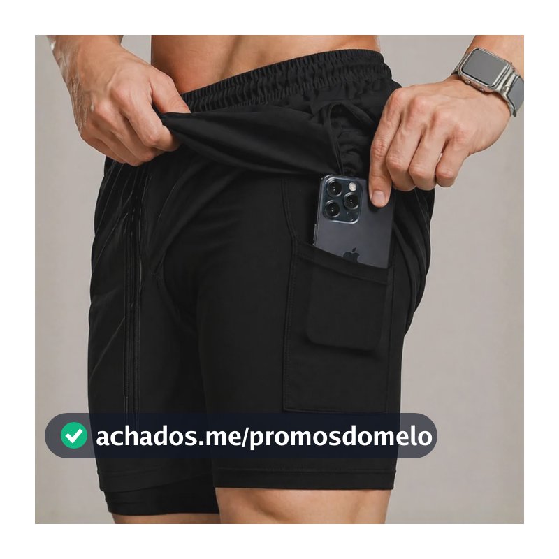 Bermuda Compressão Duplo Masculina 2 Em 1 Short Academia Preto Liso Gg