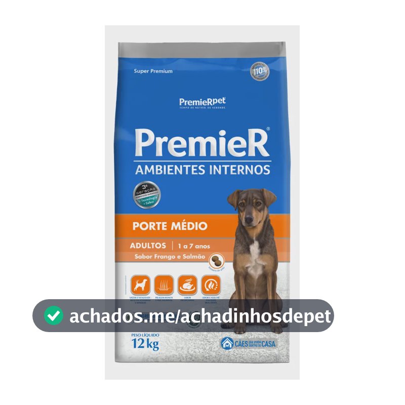 Ração Premier Ambientes Internos Cães Adultos Porte Médio Frango e Salmão 12kg