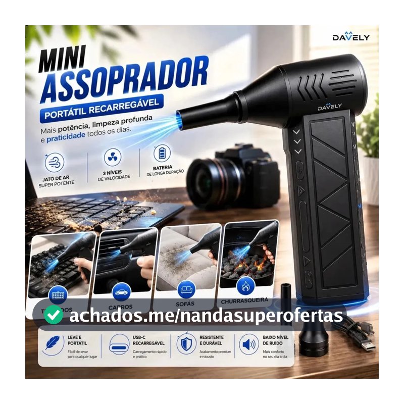 Mini Ventilador Soprador Ar Potente Turbo 130000rpm Assoprador Elétrico Sem Fio Recarregável USB-C 3 Níveis Jato Forte Portátil Multiuso Limpeza Teclado Carro Acende Churrasqueira Davely