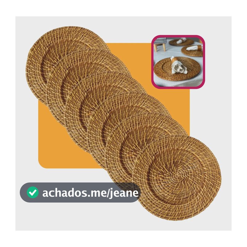 Kit 06 Sousplat Redondo Rattan Bambu Natural Mesa Posta 32cm Marrom-claro