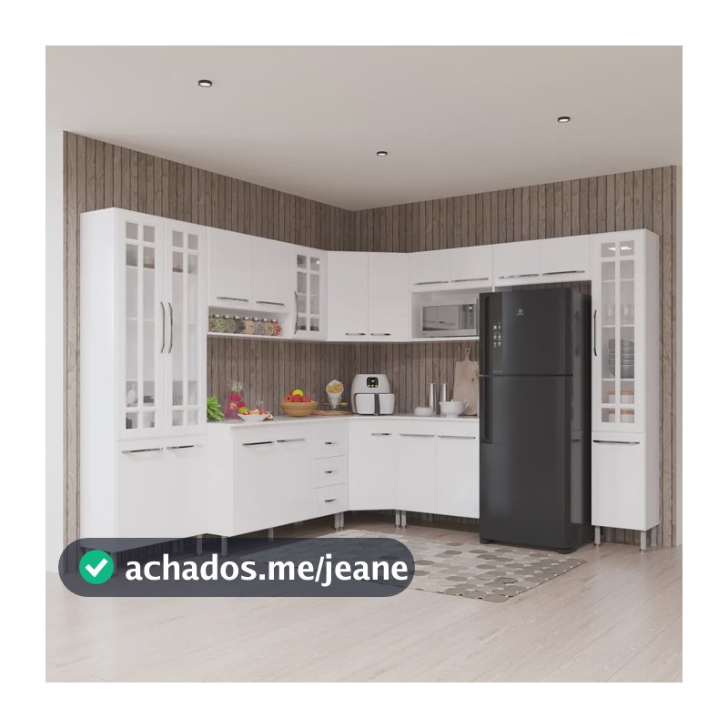 Armário de Cozinha Modulada Completa de Canto Fidelitá Viena 9 Peças 515cm 20 Portas 3 Gavetas Com Tampo Branco