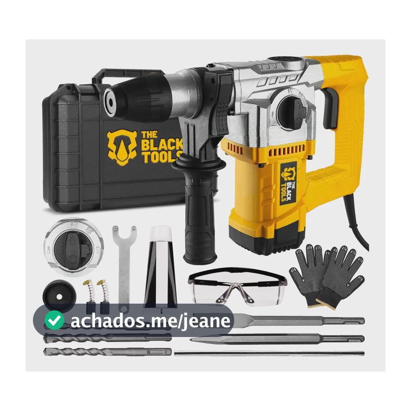 Martelo Martelete Rompedor Elétrico Concreto Com Brocas Talhadeira Ponteira Óculos Luva Cor Amarelo The Black Tools