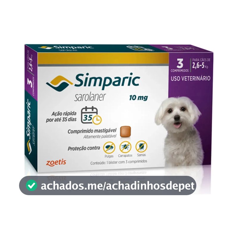 Simparic 10mg C/ 3 Comprimidos Para Cães 2,6kg A 5kg Proteção Completa Antipulgas E Carrapatos