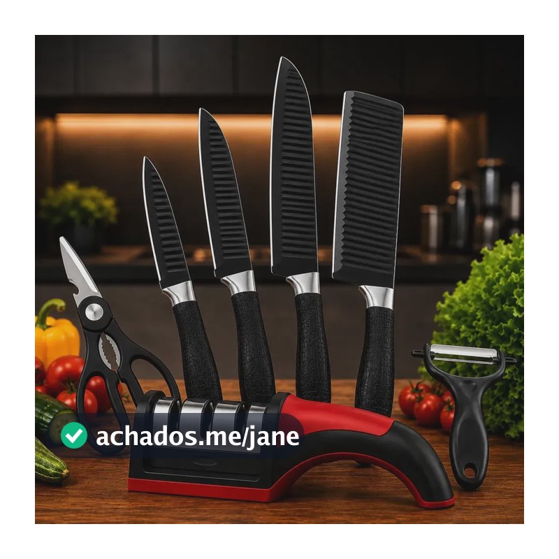 Jogo De Facas E Afiador Inox Profissional De Cozinha 7 Peças Preto