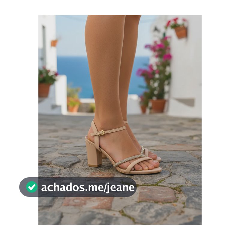 Sandália Feminina Salto Bloco Tiras Com Strass Vizzano Bege Liso 38 Br