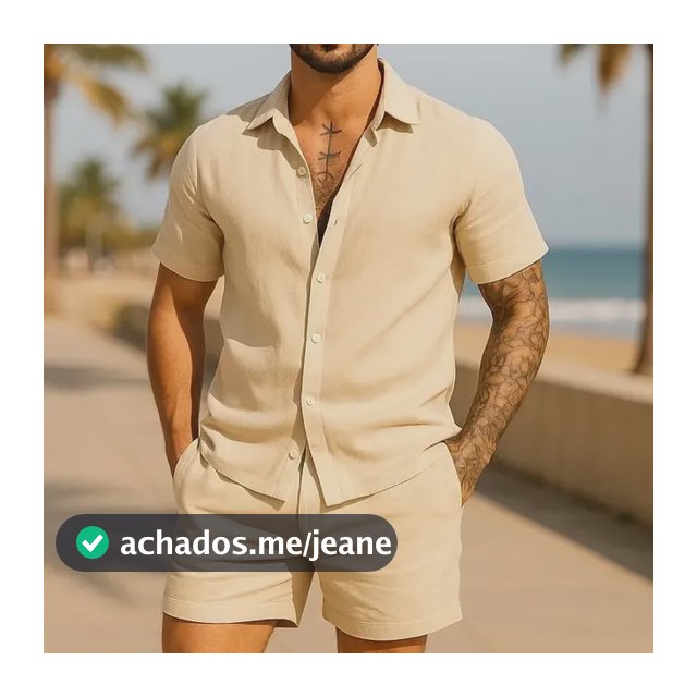 Conjunto Casual Linho Masculino Camisa Botão  Bermuda Cordão