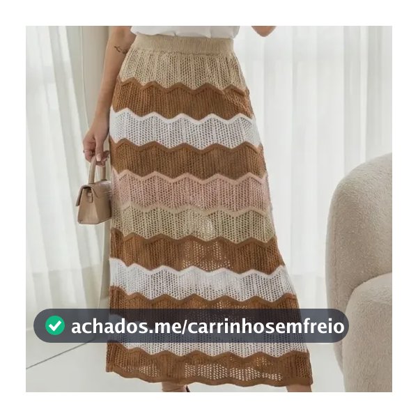 Saia Midi Tricot Vazada Listrada Feminina Verão Moda