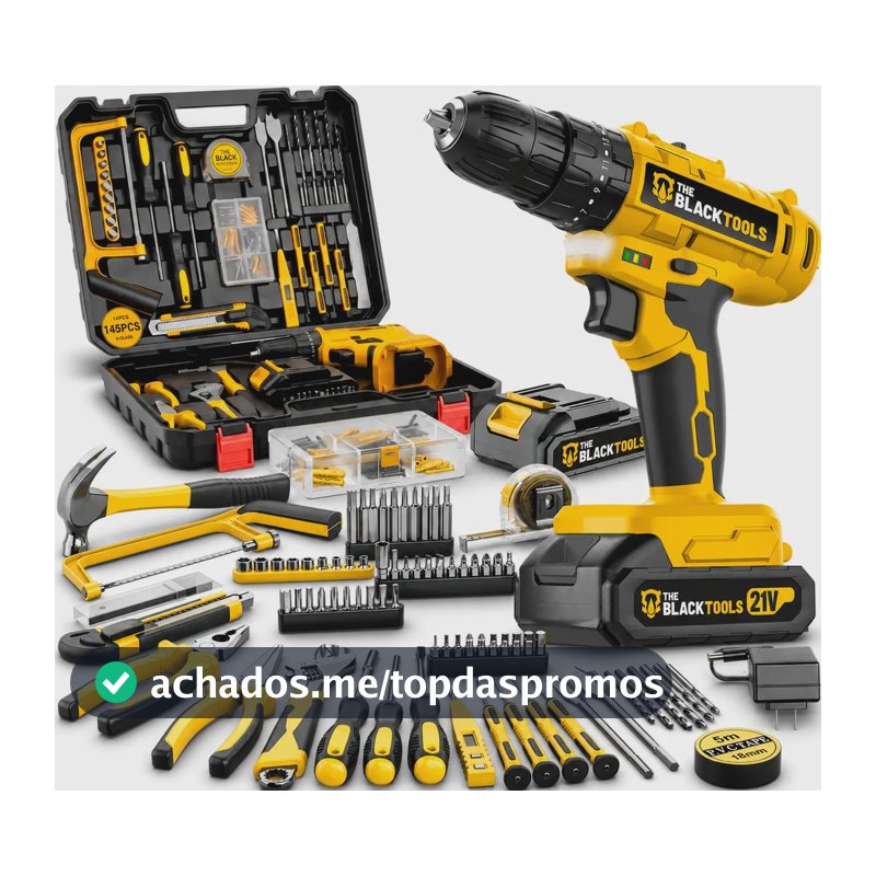 Parafusadeira Furadeira De Impacto The Black Tools Profissional Bateria 21V C/ Maleta + Kit Acessórios 145 Peças TBKIT23