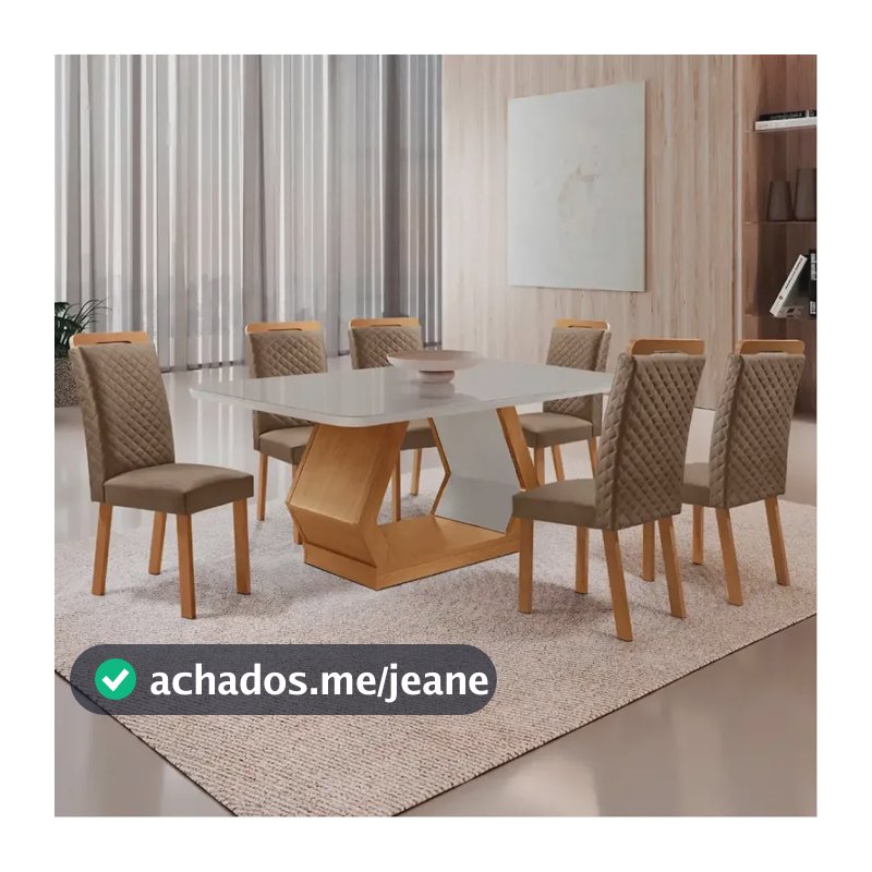 Mesa Jantar Alvorada 180cm Mdf Vidro Copo 6 Cadeiras Lorena Veludo Capuccino/nat/off/serig. Off