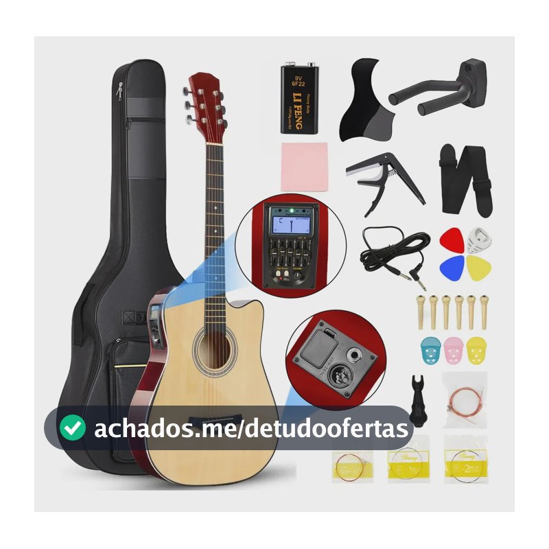 Violão Eletroacústico Noveve Elétrico 6 Cordas para Destros com Kit Iniciante, Afinador e Saída de Áudio Cor Natural
