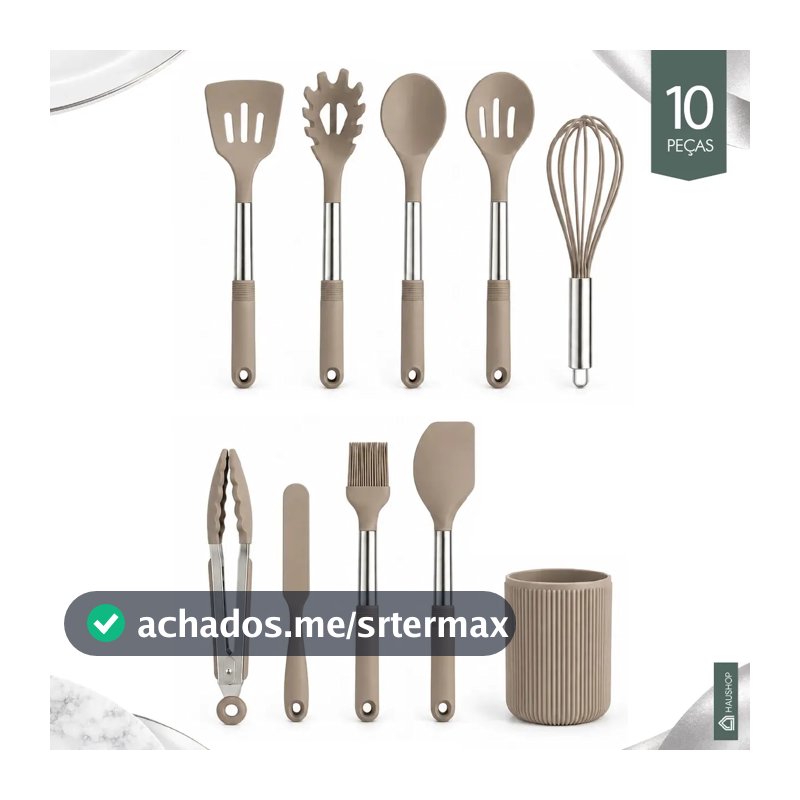 Kit Utensílios 10 Peças Cozinha Silicone Cabo Inox Tamanho Grande Jogo Completo Premium de Colheres Espatúlas Pegador Conjunto Funcional Com Suporte Resistente Não Enferruja Haushop Cor Cinza
