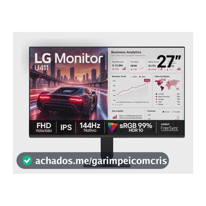 Monitor LG FHD Gamer & Office tela IPS 27”, 1ms (MBR), 144Hz Nativo, FreeSync, HDR10, sRGB, Modo leitura, Flicker Safe, HDMI, Black Stabilizer, Dynamic Action Sync, Preto - 27U411B