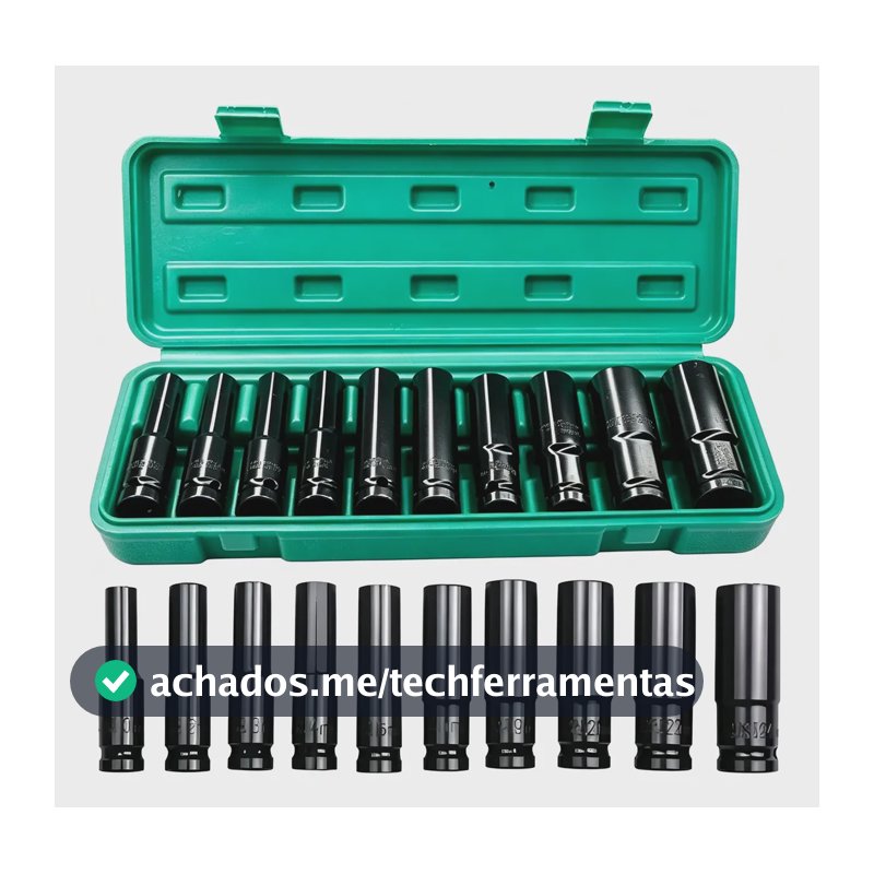 Jogo Soquete Longo De Impacto Sextavado 1/2 Pol 8 A 24mm Com 10 Peças Kit Completo De Ferramentas Para Mecânica... 0