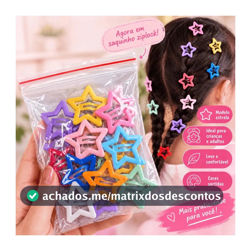 30Unid Presilhas Estrela Colorida Tic Tac Cores Sortidas Infantil Prendedores Cabelo Menina Grampos Estrelinhas Clip Xuxinha 30 Unidades