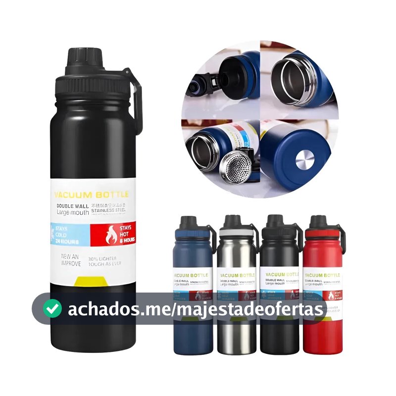 Garrafa Térmica 800ml Água Inox Academia Quente E Frio Preto