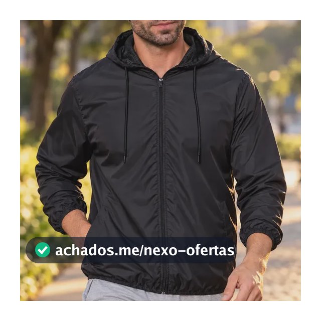 Jaqueta Corta Vento Masculina Impermeável Capuz Zíper Bolso Preto G Liso