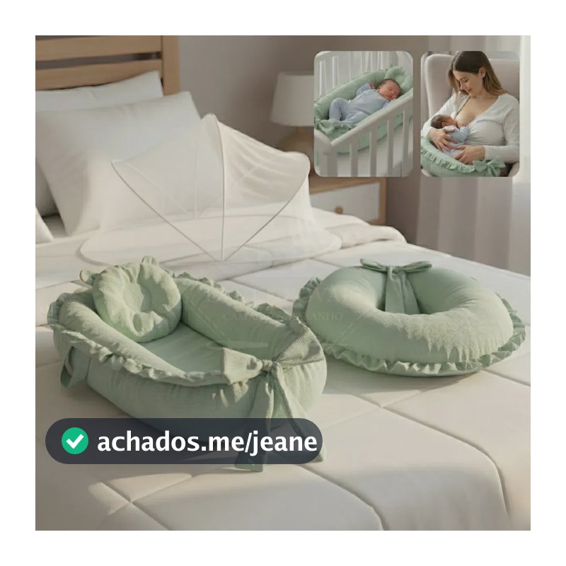 Ninho Redutor Bebe Com Mosquiteiro E Almofada De Amamentar Kit Completo Conforto Protecao Enxoval Infantil Premium Verde