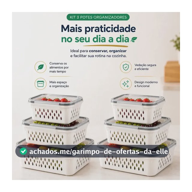 Conjunto Kit 6 Organizadores Geladeira Transparente Hermético Escorredor Cesto Frutas Alimentos Verduras Legumes Dasv