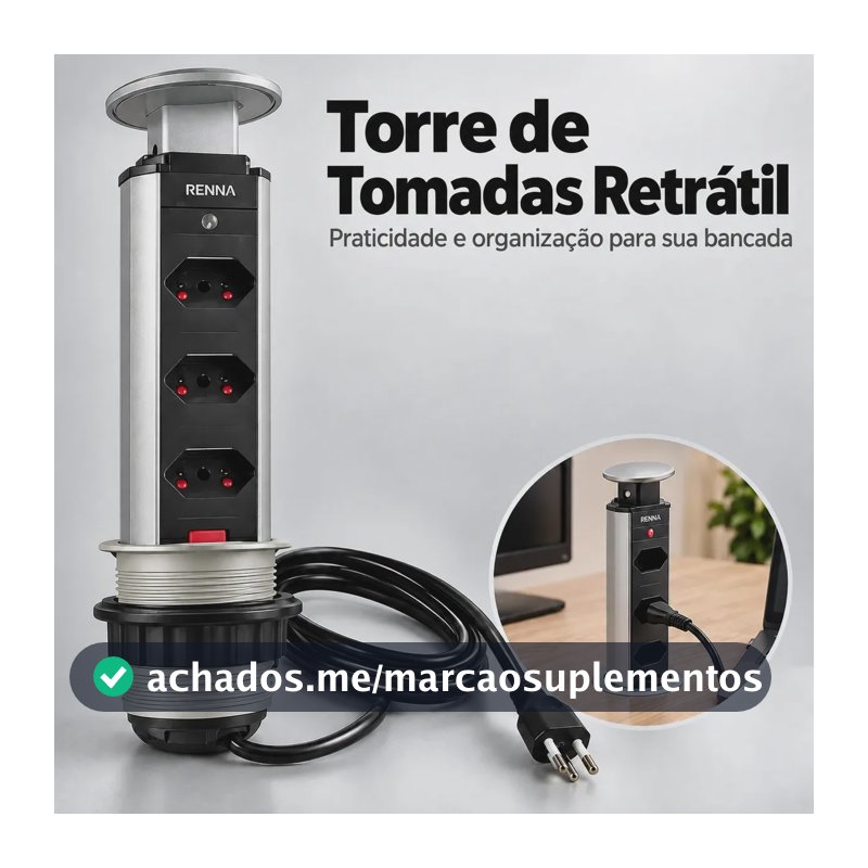 Torre De Tomada Para Bancada Embutir Retrátil Com 3 Tomadas Cor Cinza