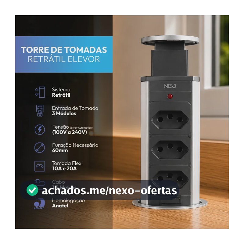 Torre 3 Tomadas Embutir Retrátil Elevor Para Bancada Cinza Cod: 370036672 Neo Avant