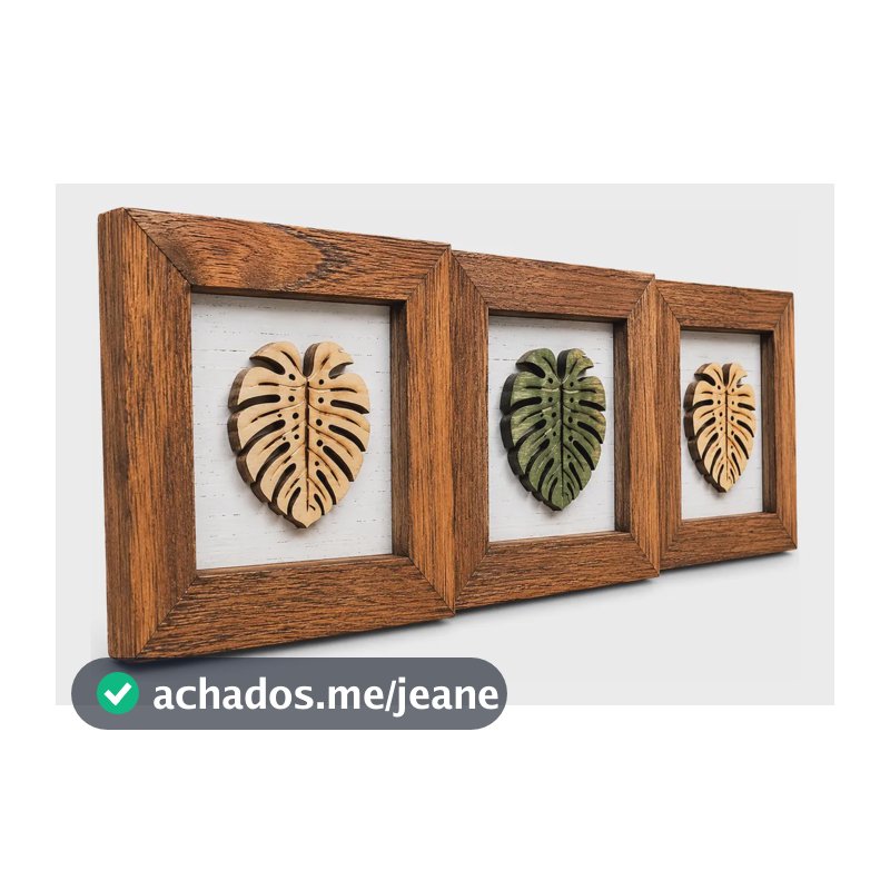 Decoração Casa - Kit 3 Quadros Em Madeira Pinus Costela Adão Folhas