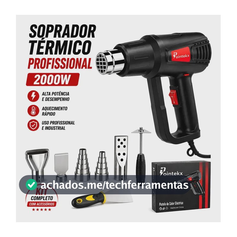 Soprador Térmico 2000W Profissional Pistola Ar Quente 2 Níveis 60 a 600°C Controle de Temperatura Com Bicos e Acessórios