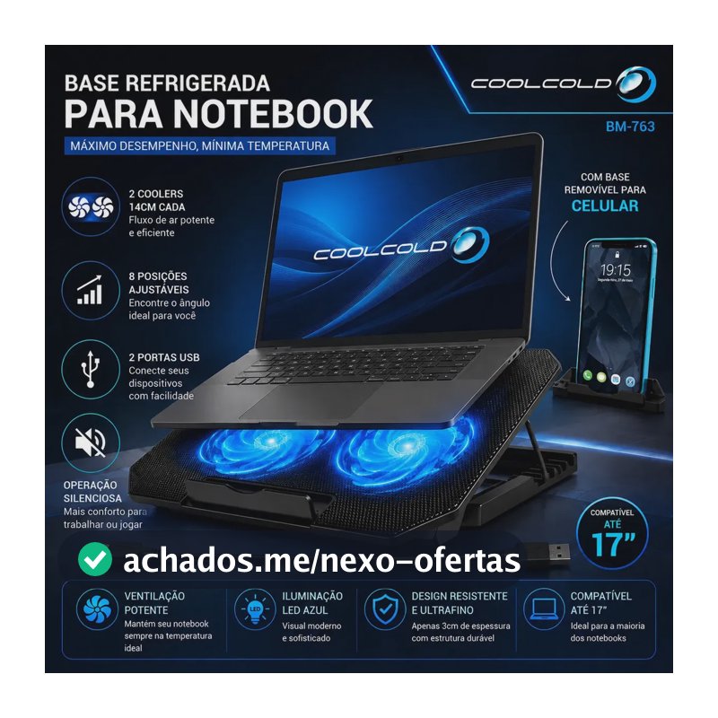 Suporte Notebook Coolcold Com 2 Cooler Ventoinhas Base Mesa Led Refrigerada Ventilação Silenciosa Cor Preto Led Azul Laptop Notebook Até 17 Polegadas