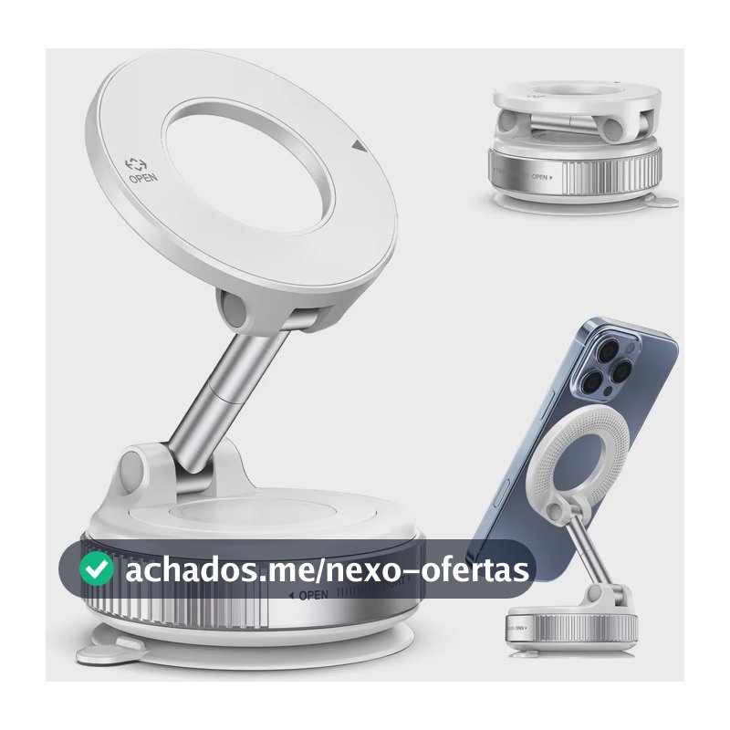 Suporte Celular Carro Magnético Rotativo 360° Dobrável Ventosa Eletro Mex Branco