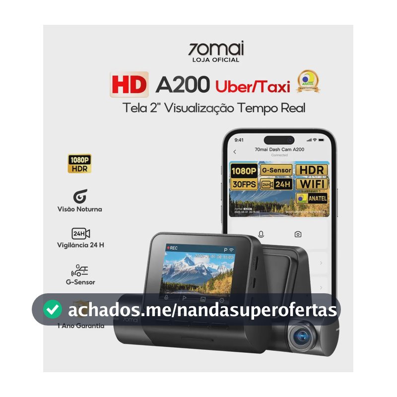 Câmera Veicular Automotiva 70mai A200 2'' Tela HD 1080P Hdr Wifi 60fps Ângulo 130 Camera para Carro 24h Visão Noturna com App G-sensor Vigilância de Estacionamento 24H Gravação de Emergência