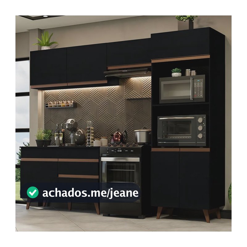 Armário De Cozinha Madesa Completa Modulada com Balcão para Cooktop 260cm Preto Reims XAGRRM2600098N