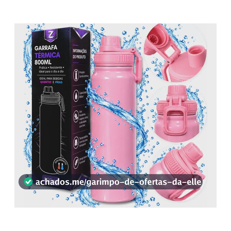 800ml Garrafa Térmica Água E Café Squeeze Inox Academia Alça Rosa
