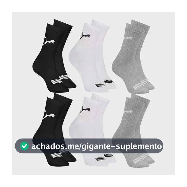 6 Pares Meias Puma Cano Médio Alto Atoalhada Academia Sport