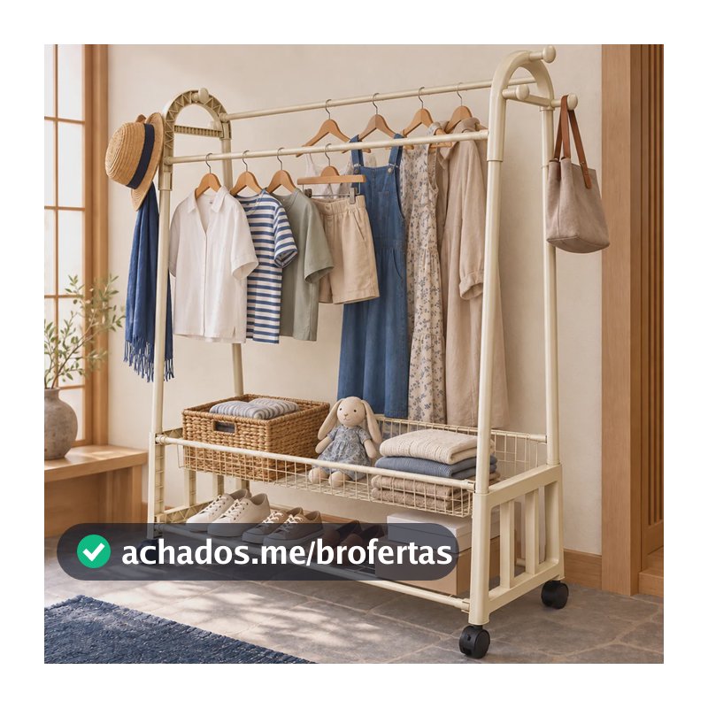 Arara Closet Dupla Com Prateleira Inferior E Rodas Hikuca Branco