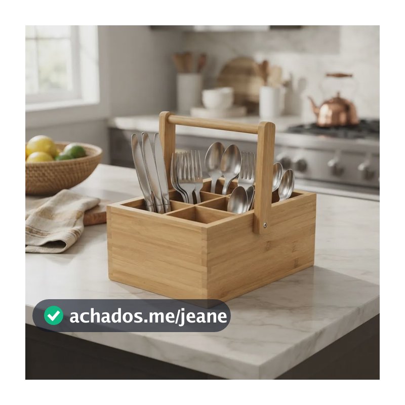 Porta Talher De Mesa De Bambu Com Alça 6 Divisórias Bambu