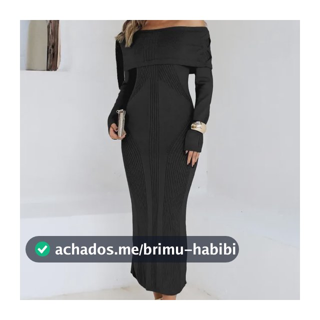 Vestido Midi Festa Tricot Modal Ombro A Ombro Manga Longa