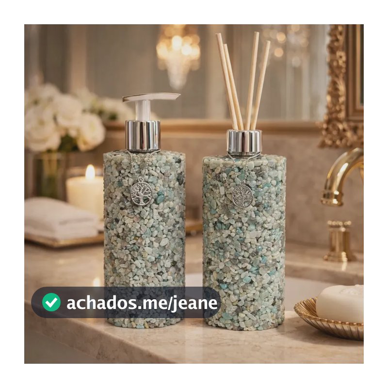 Kit Aromatizador E Saboneteira Pedras Quartzo Premium Verde Verde Água