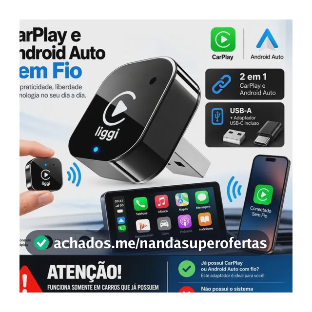 Adaptador CarPlay Sem Fio Android Auto 2 Em 1 USB Wireless Car Play Automático Liggi
