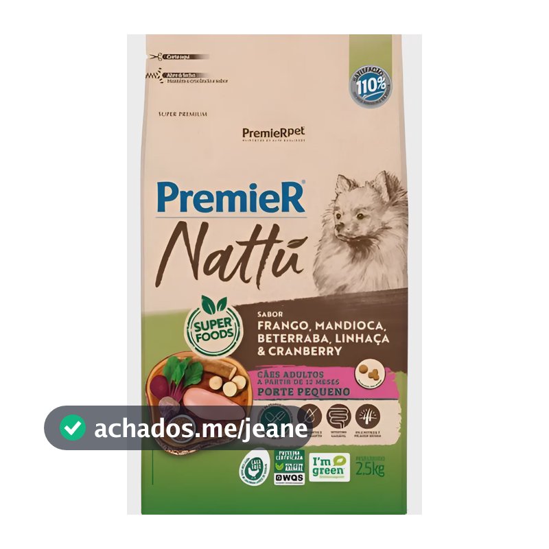 Ração Premier Nattu Cães Ad Raças Pequenas Mandioca 2,5kg