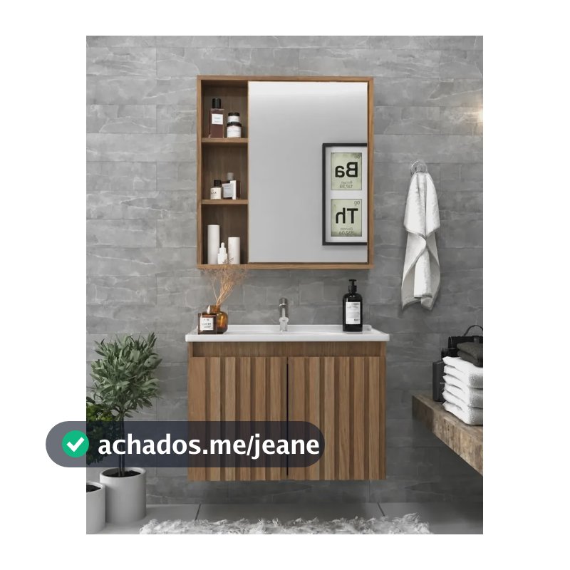 Gabinete Banheiro Alpes 60cm Com Espelheira E Cuba Ripado Marrom-claro Branca