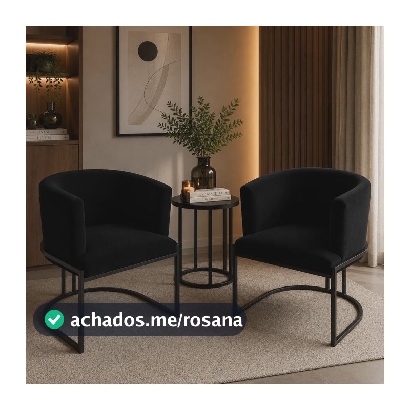 Kit 2 Poltronas Luxo Ferro Veludo Sala Luxousa Base Preto Preto Liso