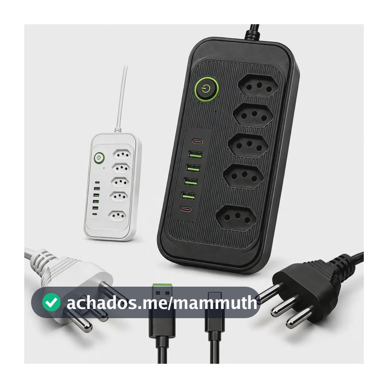 Extensão Elétrica 5 Tomadas 6 Usb 2500w Régua Bivolt Cabo 2m Preto-5tomadas/4usb-a/2usb-c 127/220v