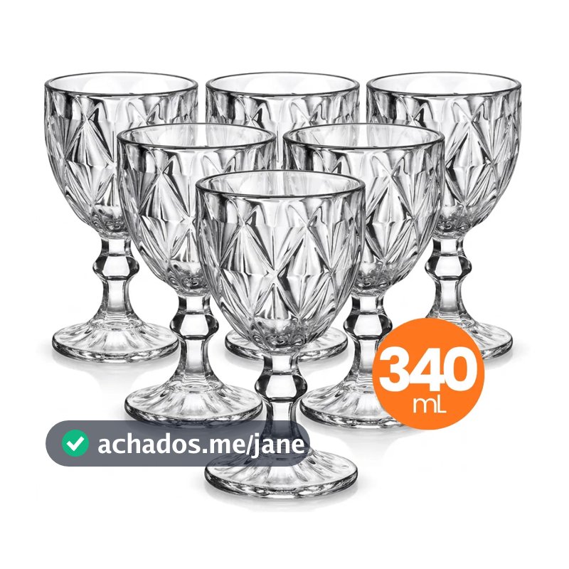 Jogo 6 Taças Vidro Diamond 340ml Conjunto Mesa Posta Água Suco Cozinha Decoração Presente
