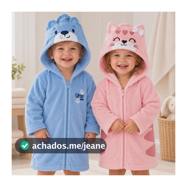 Roupão Infantil Ziper Capuz Forrado Atoalhado Manga Longa